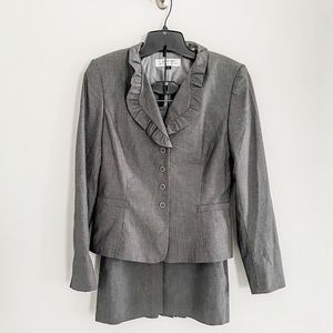 Tahari ASL Pinstripe Skirt Suit with Ruffle Collar